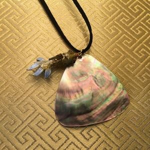 Mother of Pearl with cloisonné fish and leather